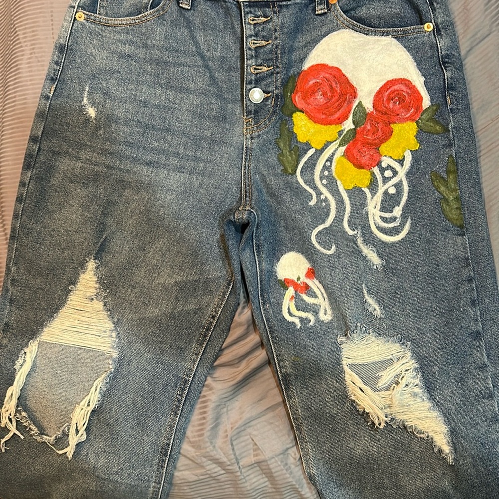High Rise Blue and Red Distressed Jeans